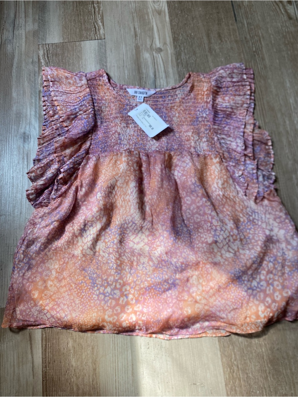BB Dakota Pink and Orange Watercolor Print Ruffle Sleeve Top